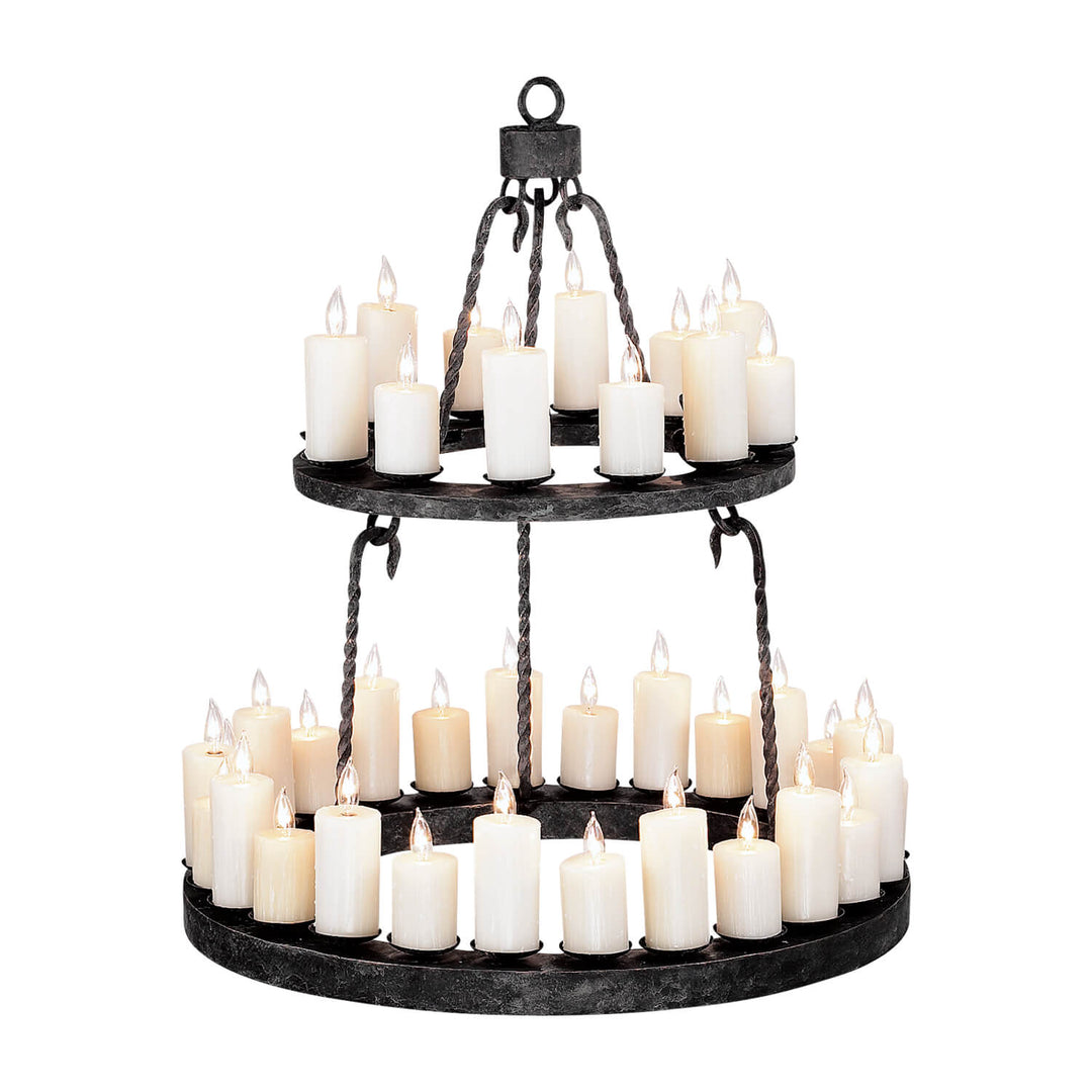 Ladco 39-light heirloom wrought iron chandelier with two circular tiers, included wax candle covers, and sculptural twisted iron suspension.