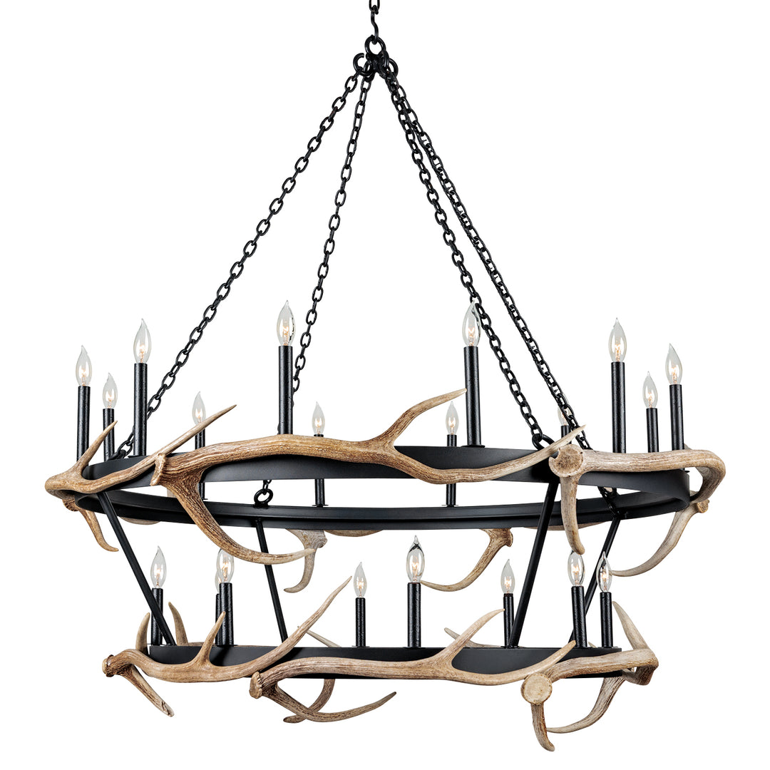 Lakewood two tier wrought iron antler chandelier with naturally shed antlers and candle lights, handcrafted in our Dallas wrought iron lighting workshop.