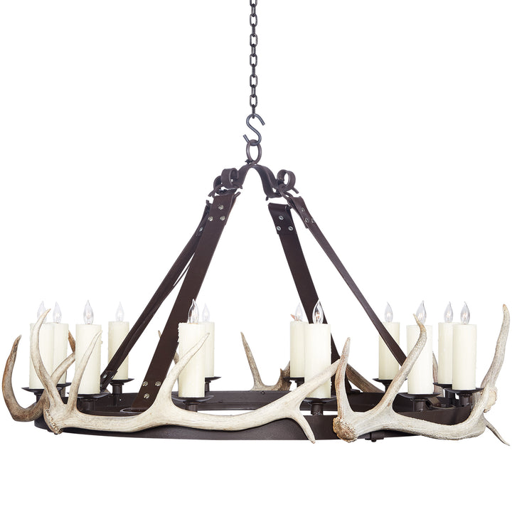 antler chandelier with leather belt supports and forged iron frame, designer lighting handcrafted in Dallas