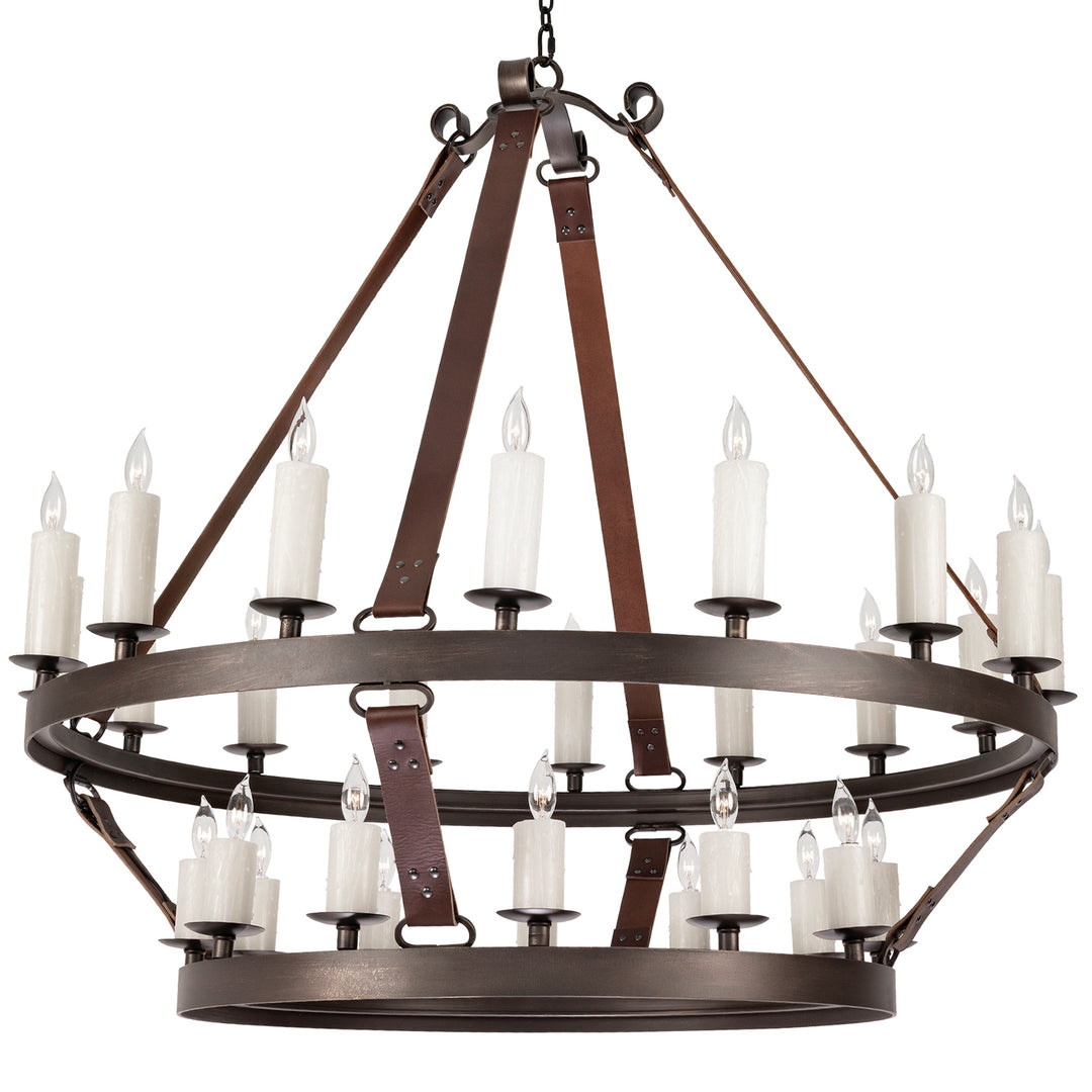 Leather Belt two tier wrought iron chandelier with hammered iron rings and top grain leather straps, handcrafted in our Dallas wrought iron lighting workshop.