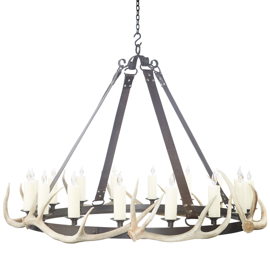 wrought iron antler chandelier with leather strap suspension and 20 lights, handcrafted designer lighting by manufacturer