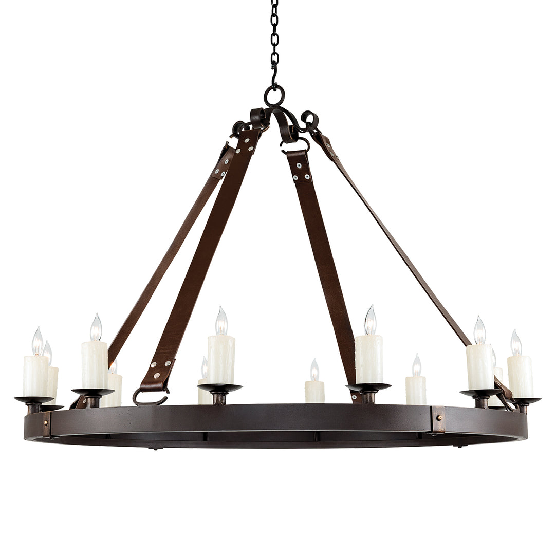 Leather belt wrought iron round chandelier suspended by top grain leather straps with candle lights creating rustic architectural lighting
