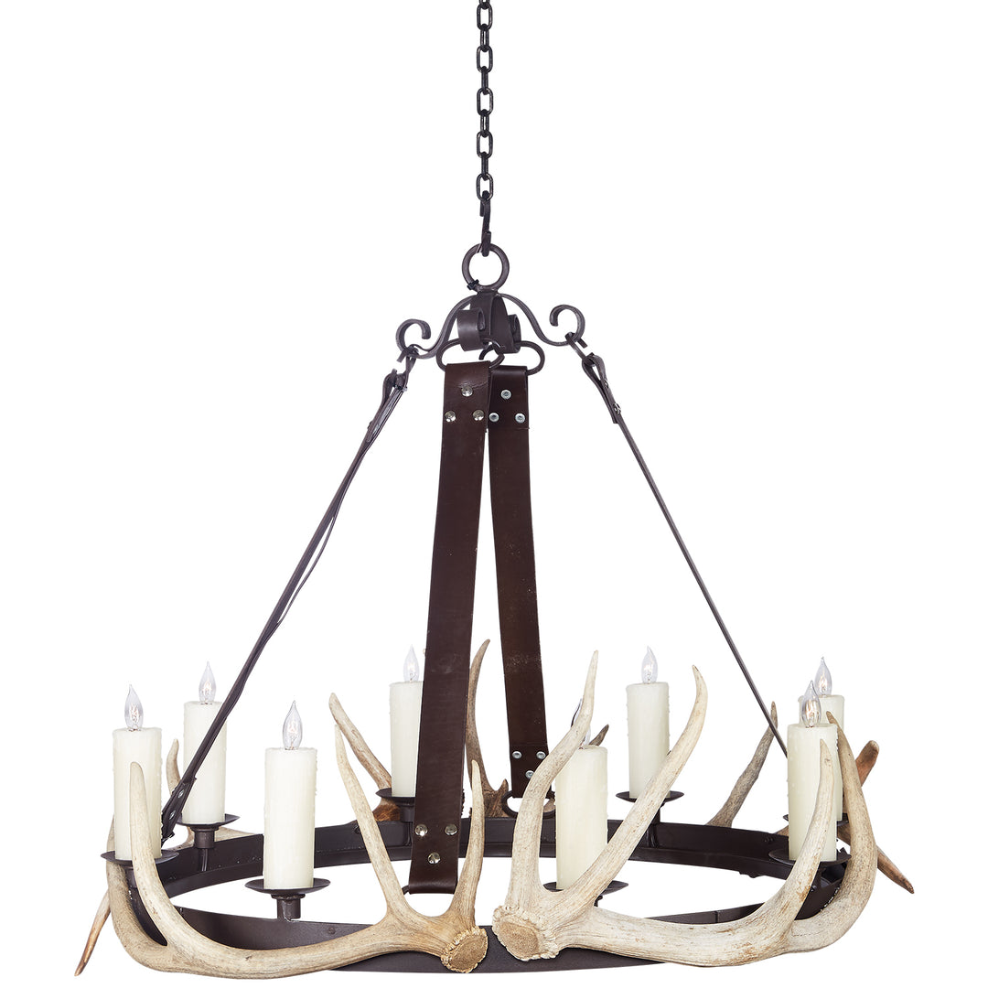 close up of leather strap suspension on wrought iron antler chandelier with natural antlers and artisan finishes