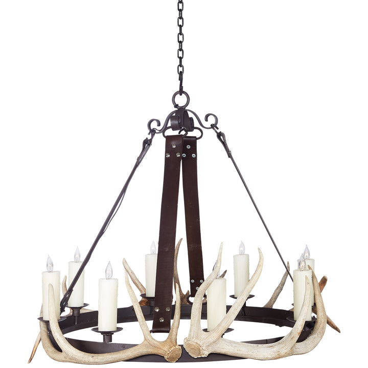 close up of leather strap suspension on wrought iron antler chandelier with natural antlers and artisan finishes