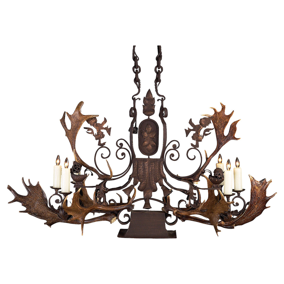 wrought iron antler chandelier with lion detailing and integrated down light, 6 light linear designer lighting by manufacturer