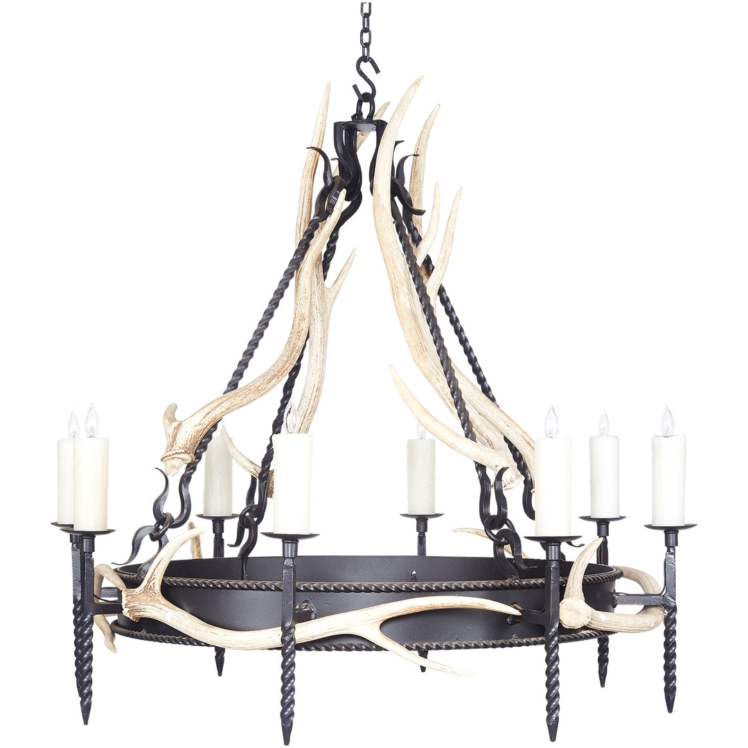 wrought iron antler chandelier with circular forged frame and naturally shed deer antlers, handcrafted designer lighting by manufacturer