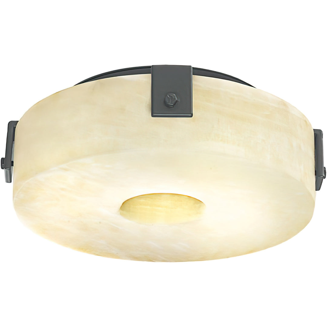 Luna alabaster flush mount lighting with rounded stone shade, dark metal straps, soft natural veining, and custom finish options