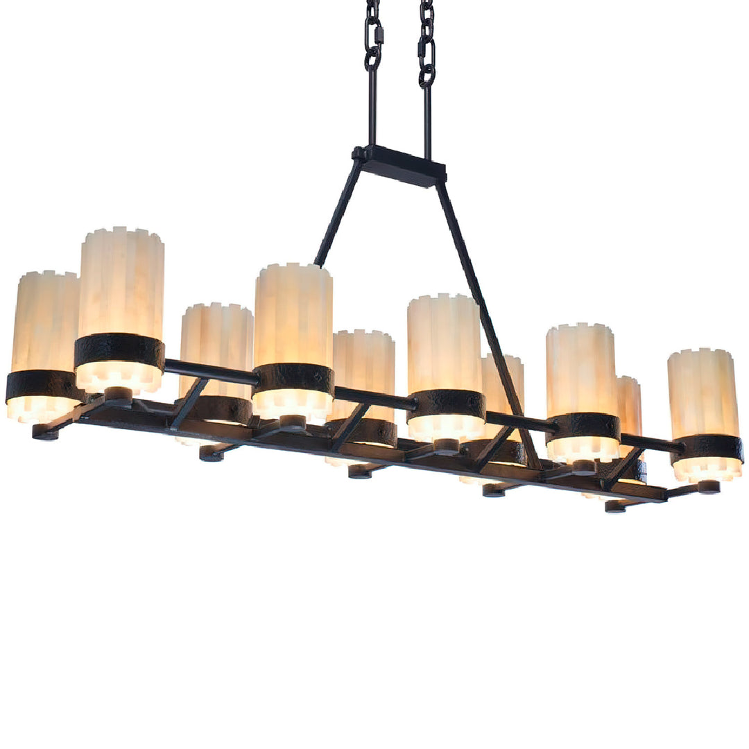 Magnus Linear Alabaster Chandelier wrought iron alabaster designer chandelier with layered stone shades and rectangular frame