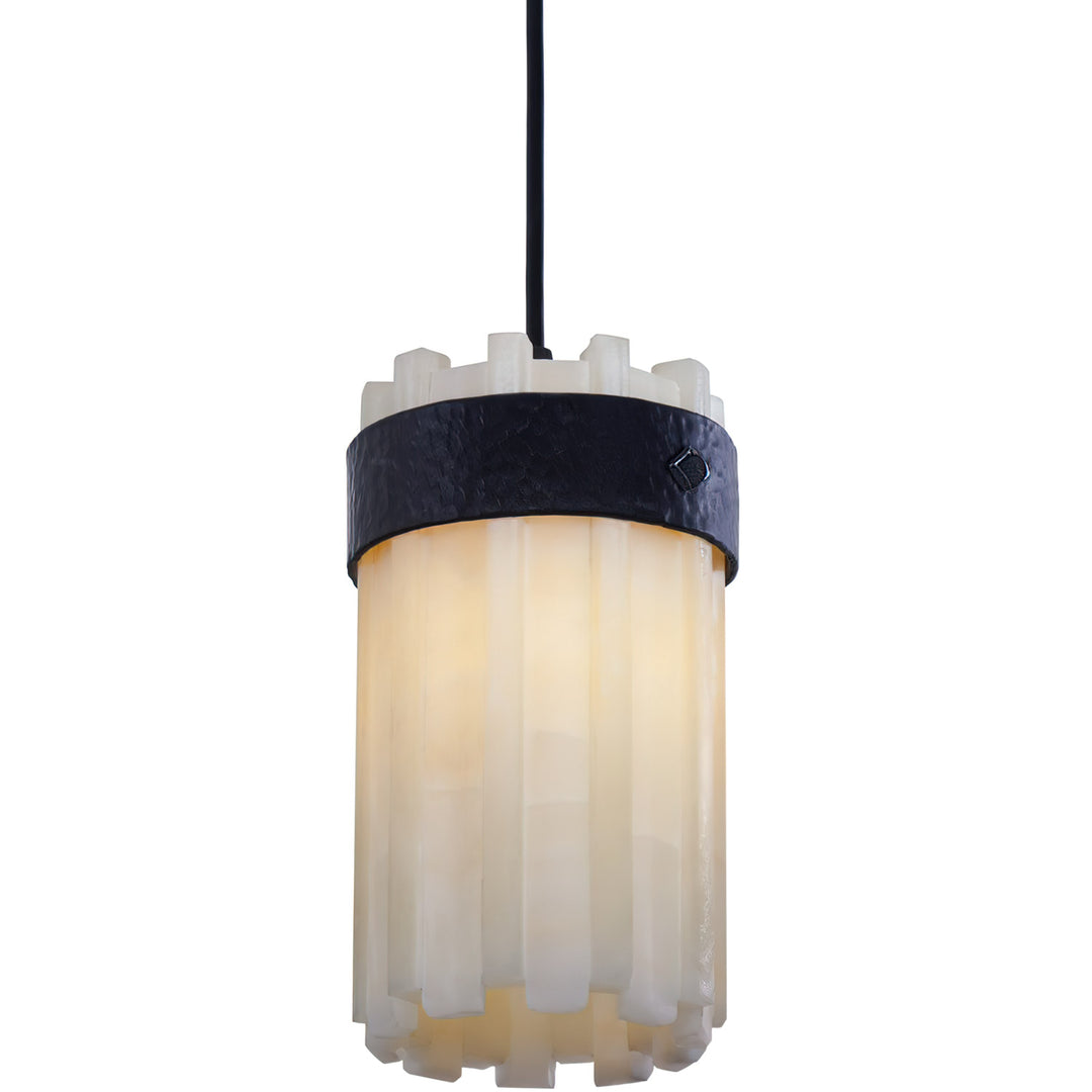 Magnus Alabaster Pendant wrought iron alabaster pendant with layered stone panels and structured iron band