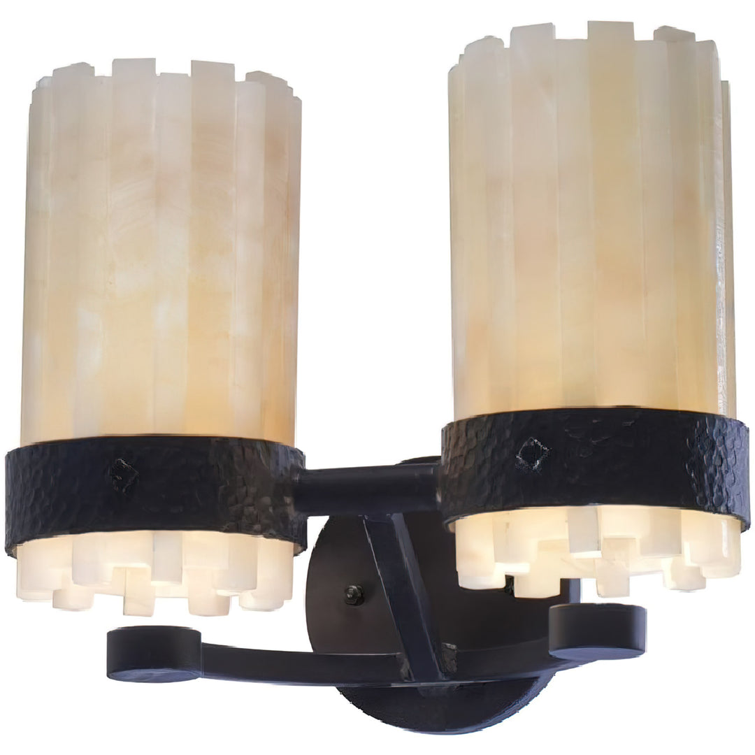 Magnus 2 Light Designer Wall Sconce wrought iron alabaster wall sconce with two stone shades and iron bands
