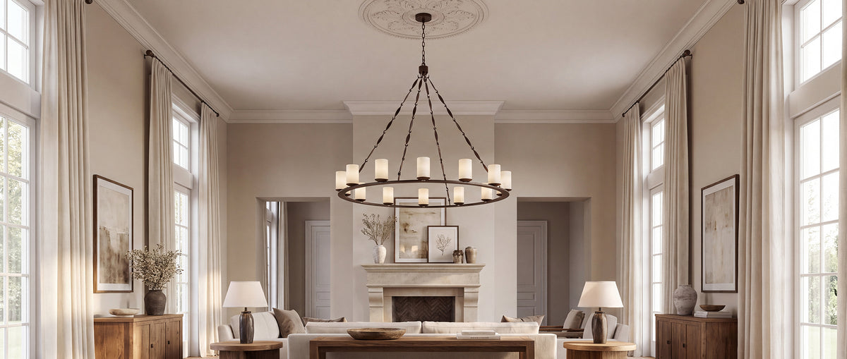 Marcella architectural wrought iron ring chandelier with cylindrical natural alabaster shades around a handcrafted circular iron frame inside of a modern refined home.