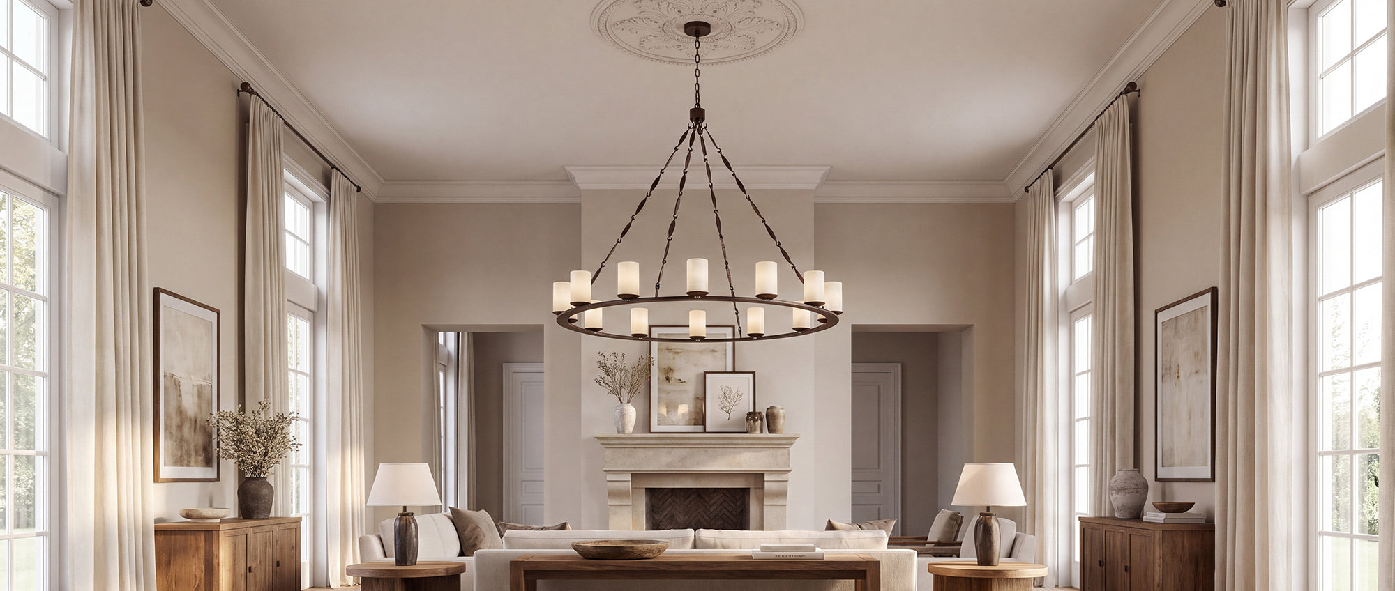 Marcella architectural wrought iron ring chandelier with cylindrical natural alabaster shades around a handcrafted circular iron frame inside of a modern refined home.