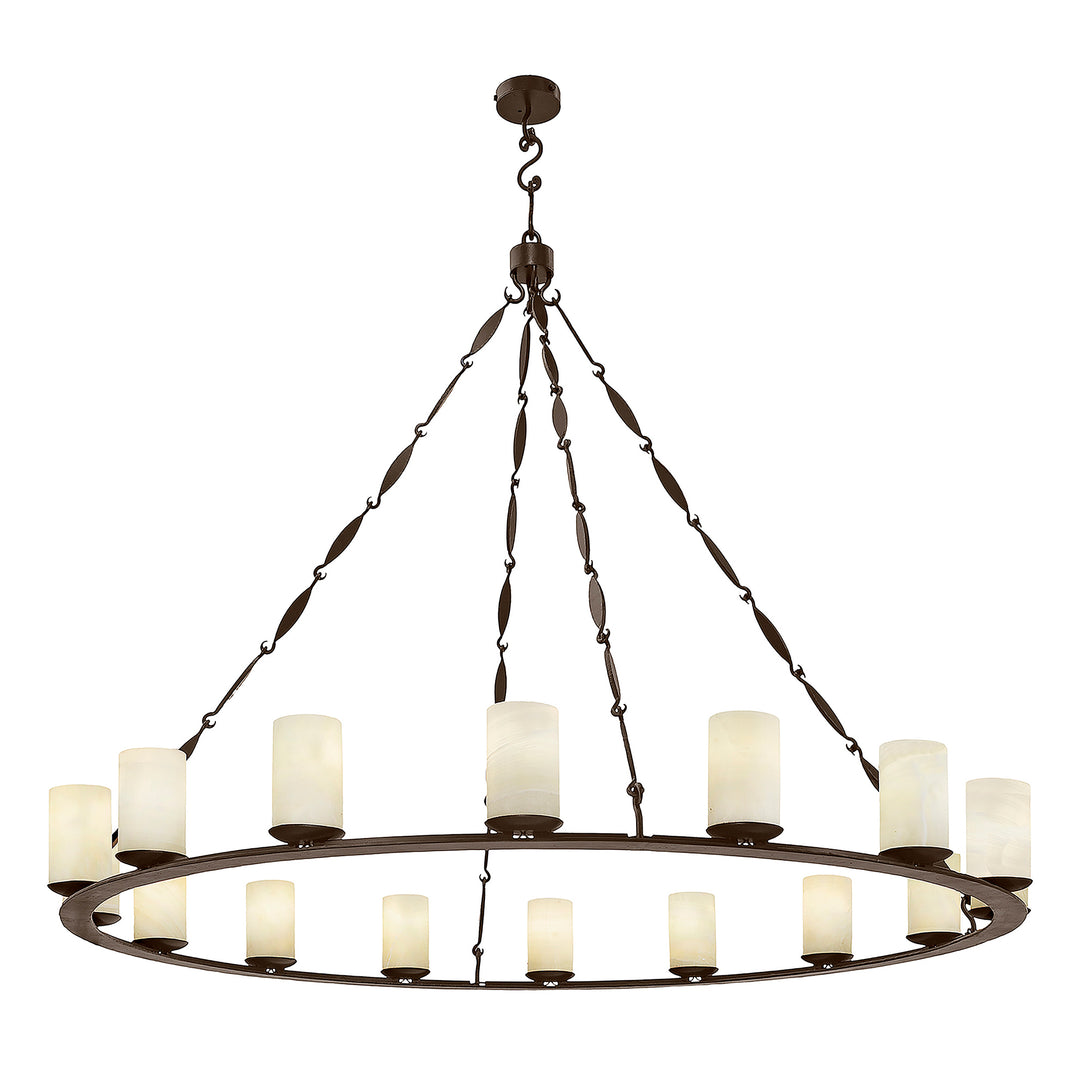 Marcella architectural wrought iron ring chandelier with cylindrical natural alabaster shades around a handcrafted circular iron frame.