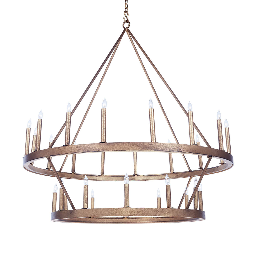 Marla two-tier wrought iron ring chandelier with graduated circular frames, hand-worked iron texture, and rows of candle-style lights.