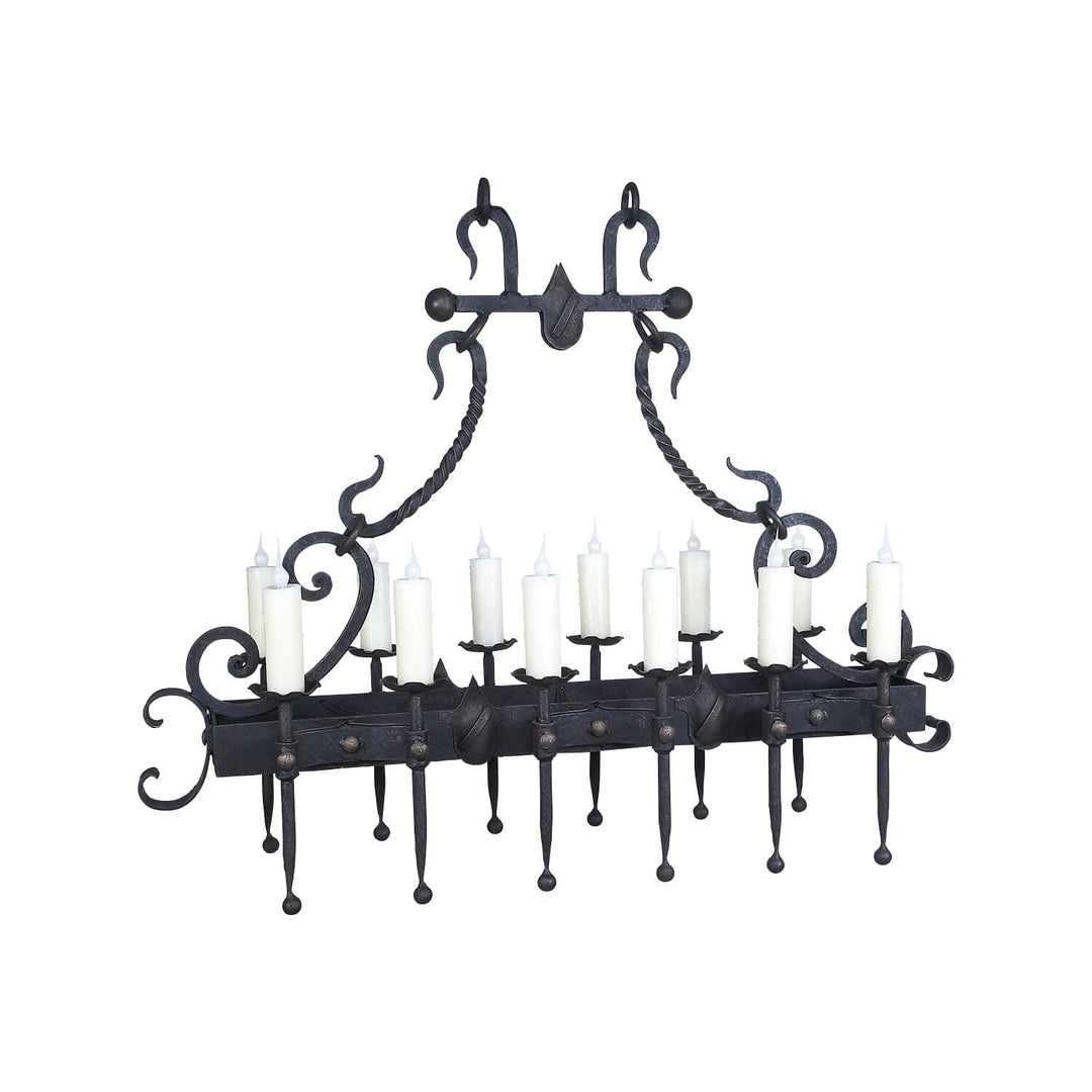 Mary rectangular wrought iron chandelier with hammered frame and 12 lights, handcrafted in Dallas with optional wax covers or onyx shades