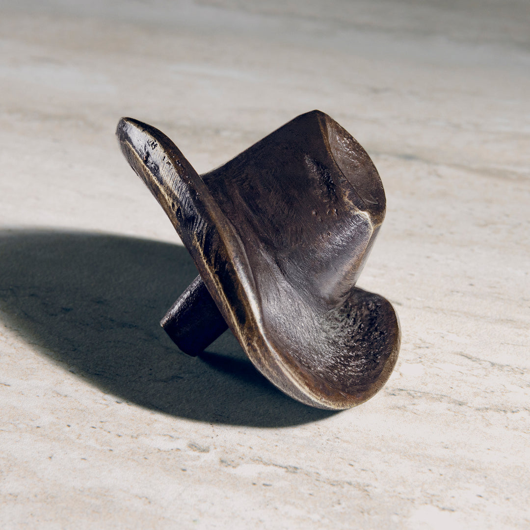 Maverick cowboy hat bronze cabinet hardware knob with curved brim and sculptural western design