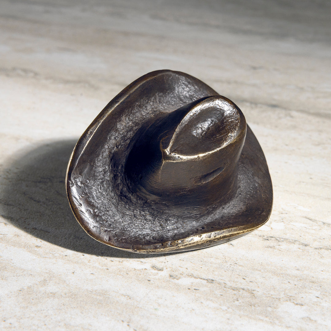 Front view of cowboy hat bronze cabinet hardware knob with raised crown and western style