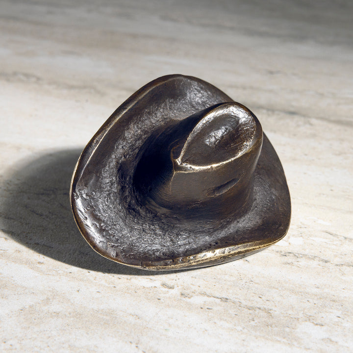 Front view of cowboy hat bronze cabinet hardware knob with raised crown and western style
