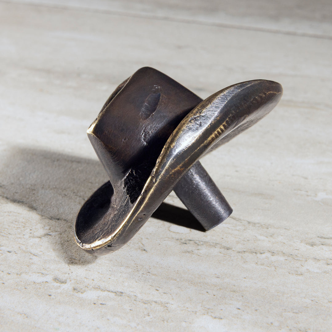 Side view bronze cowboy hat cabinet knob showing curved brim and rich handcast bronze finish