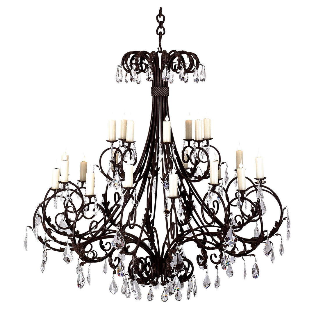 Maziar 24-light wrought iron crystal chandelier with sweeping scroll arms, suspended crystal drops, and a grand flared silhouette.