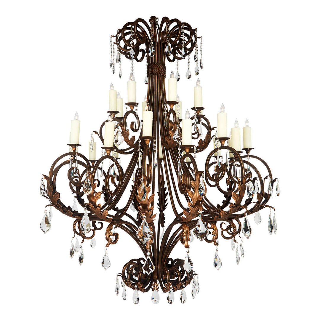 Maziar wrought iron crystal chandelier with ornate hammered iron scrollwork and crystal drops, handcrafted in our Dallas wrought iron lighting workshop.