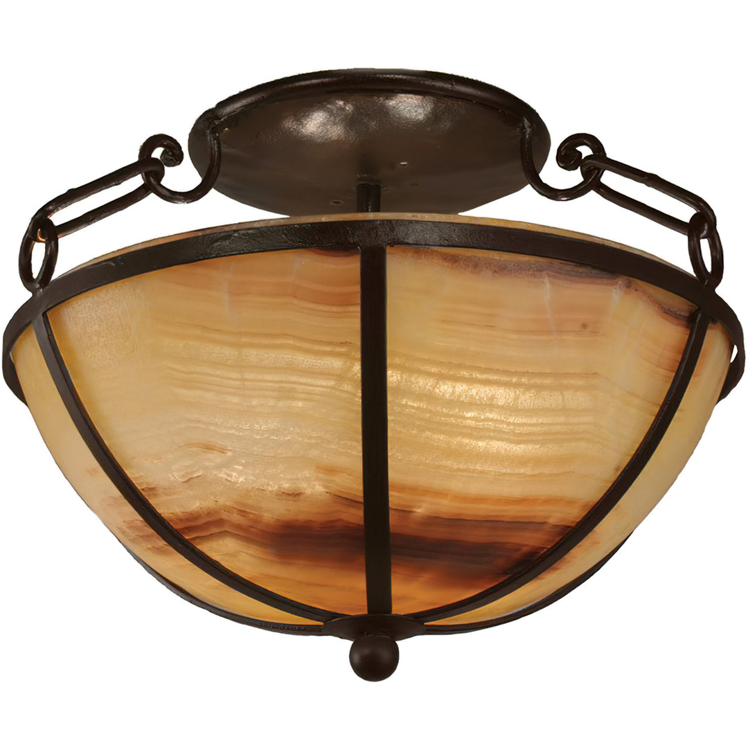 Media Luna alabaster flush mount lighting with warm stone bowl, wrought iron straps, chain accents, and artisan finish