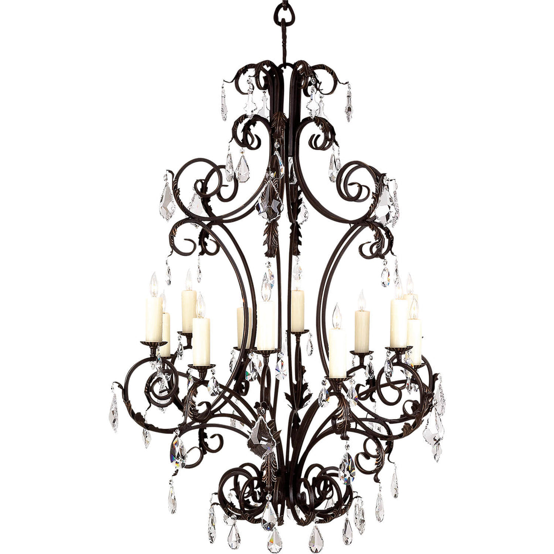 Mediterranean wrought iron crystal chandelier with tall scrolling iron arms, candle-style lights, and suspended faceted crystal drops.