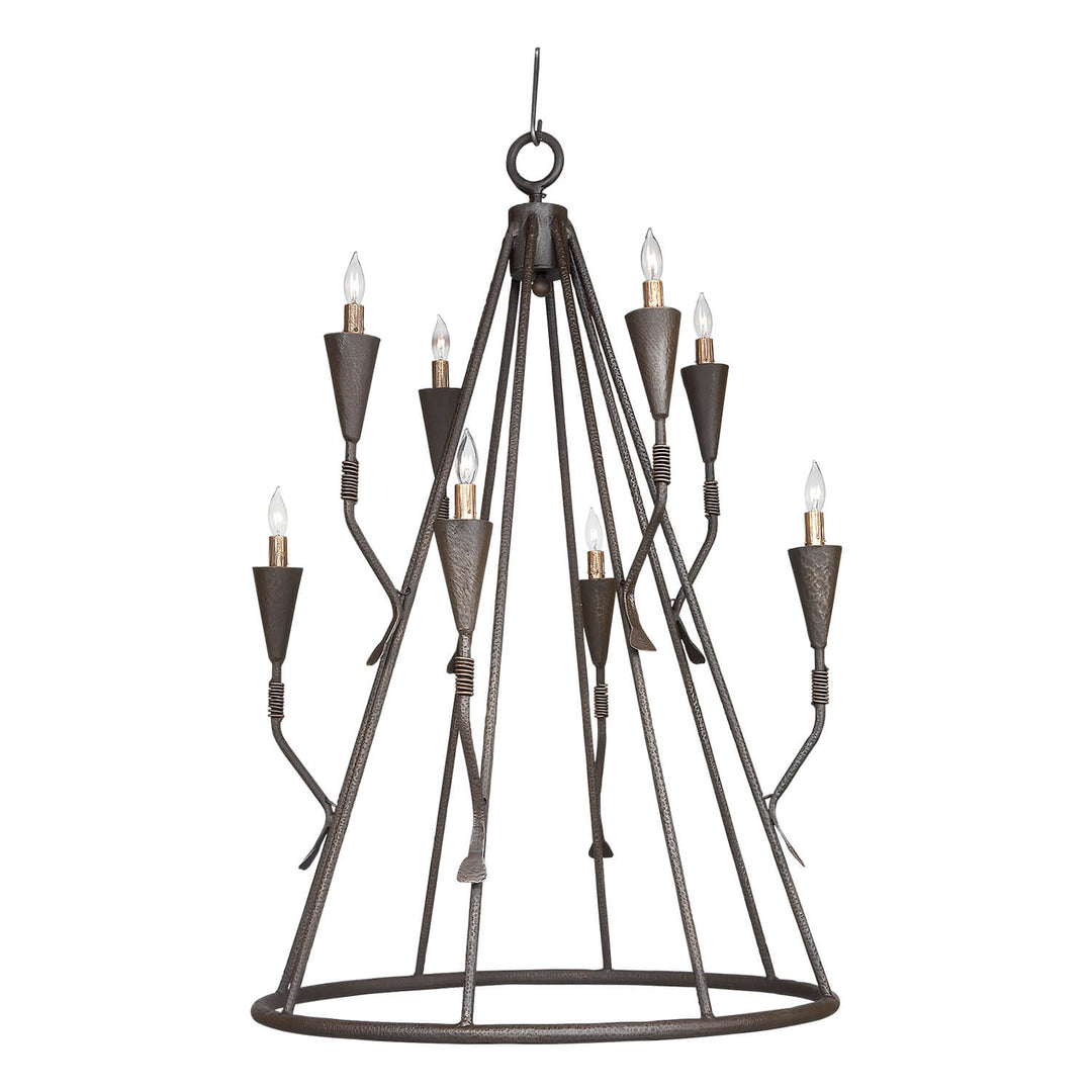 Melanie architectural wrought iron chandelier with tapered iron framework, sculptural candle arms and an open circular base, shown with eight lights.