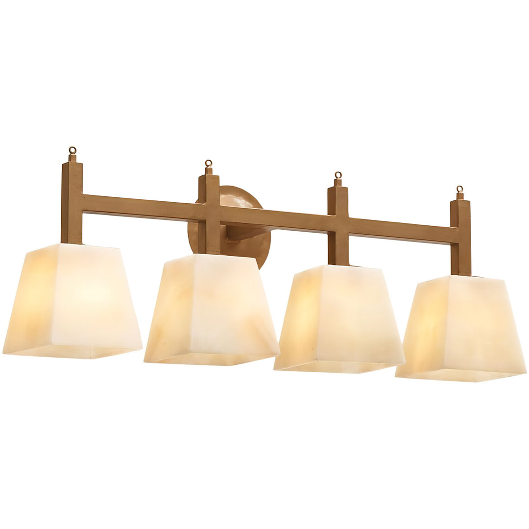 Mid-Century Mission four-light alabaster vanity light with tapered natural stone shades, a linear wrought iron frame and round backplate.