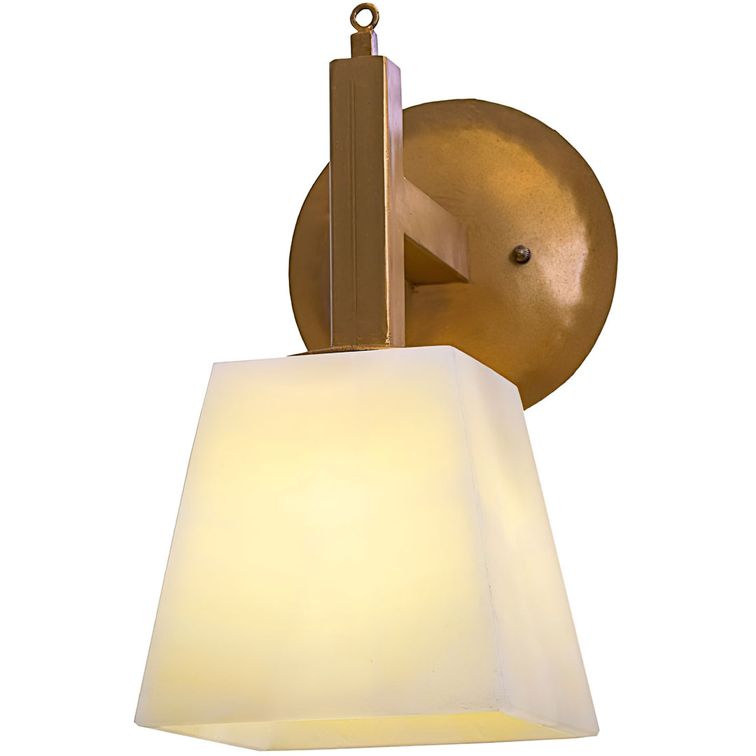 Mid-Century Mission one-light alabaster vanity sconce with tapered natural stone shade, rectangular wrought iron support, and round backplate.