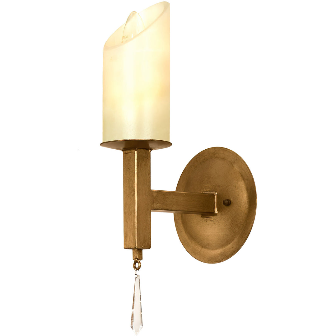 Mid-Century Mission one-light wrought iron wall sconce with a luminous cover, circular backplate, crystal drop, and warm artisan finish.