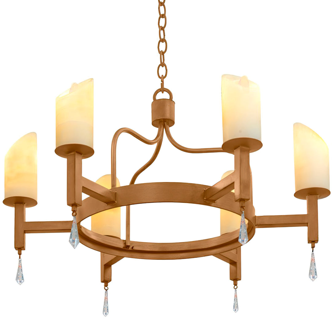 Mid-Century Mission six-light wrought iron chandelier with circular frame, natural alabaster shades, and suspended crystal drops.