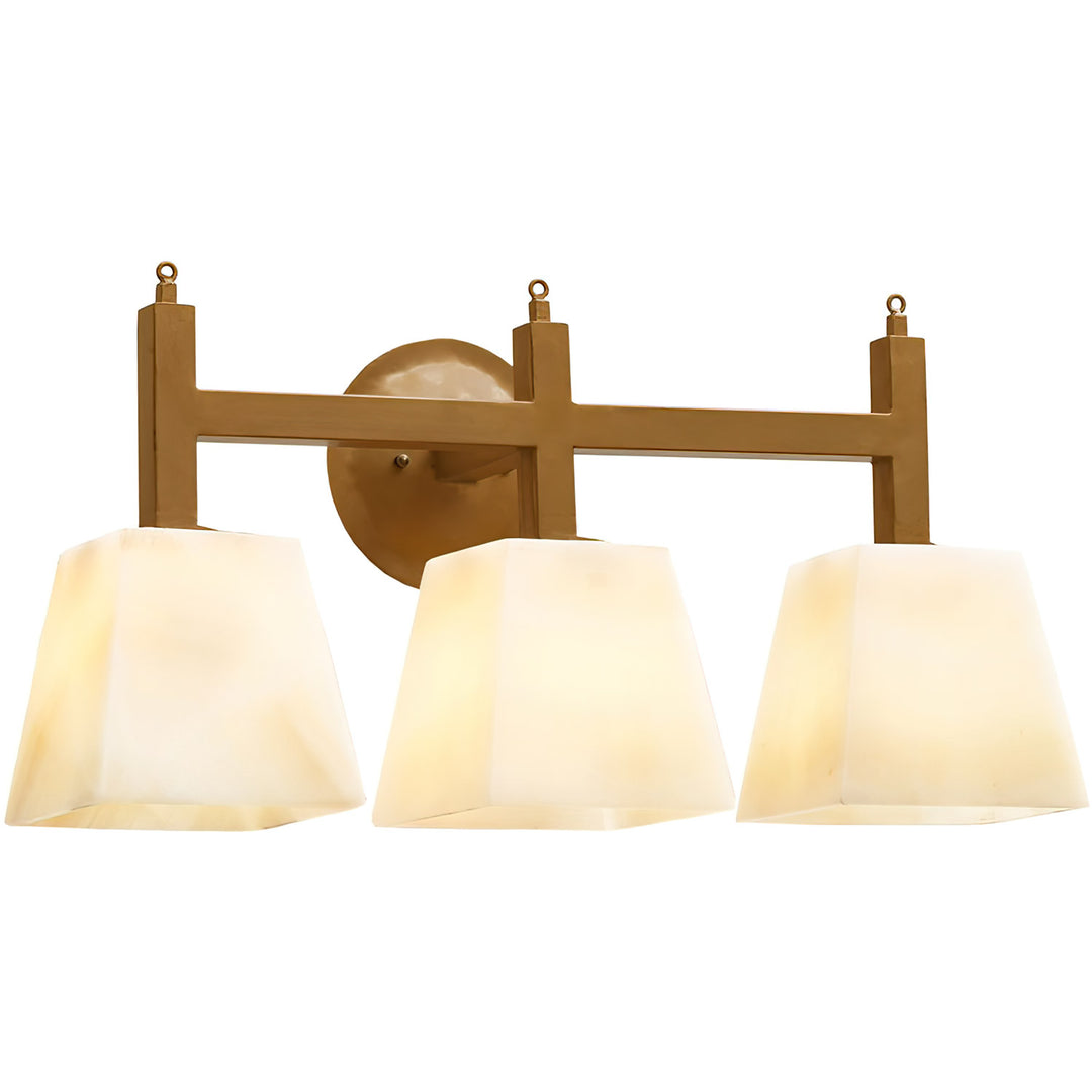 Mid-Century Mission three-light vanity fixture with tapered alabaster shades, a horizontal wrought iron frame and circular backplate.