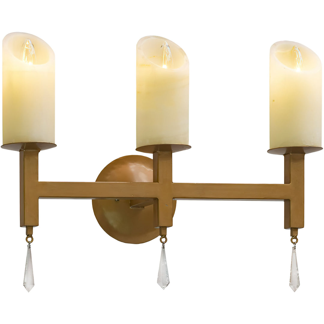 Mid-Century Mission three-light wrought iron wall sconce with luminous covers, linear framing, crystal drops, and a warm finish.