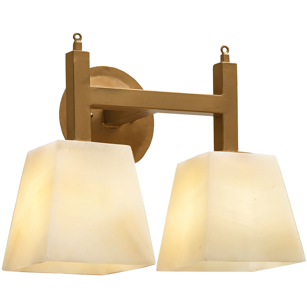 Mid-Century Mission two-light alabaster vanity light with paired tapered stone shades, horizontal wrought iron crossbar, and circular backplate.