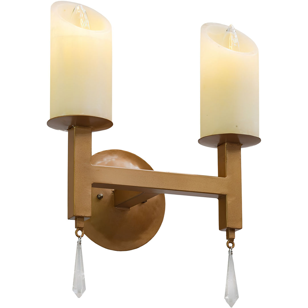 Mid-Century Mission two-light wrought iron wall sconce with crystal drops, warm finish, and luminous cylindrical covers.