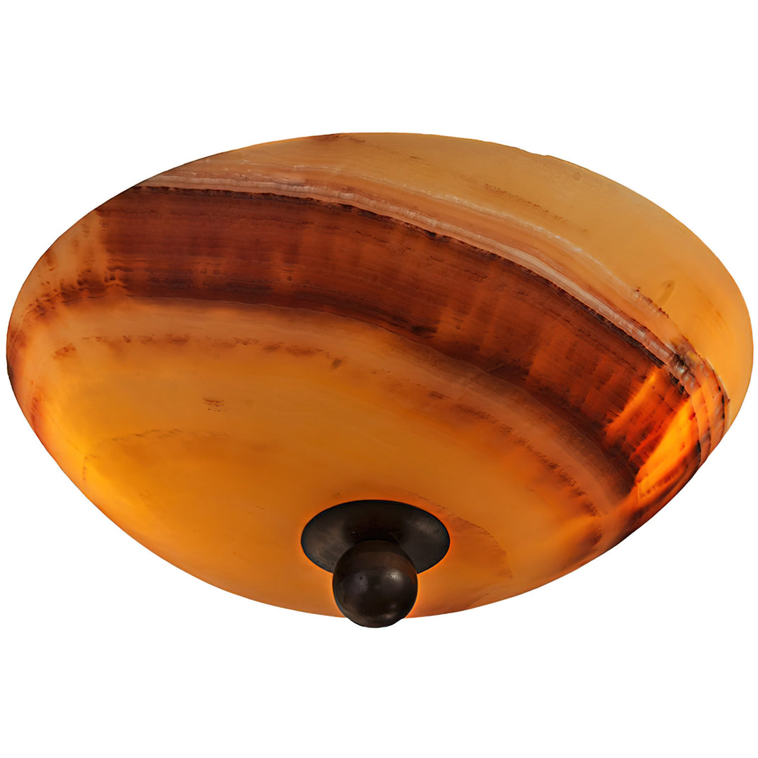 Milano alabaster flush mount lighting with warm natural stone bowl, dark finial detail, artisan finish, and custom options