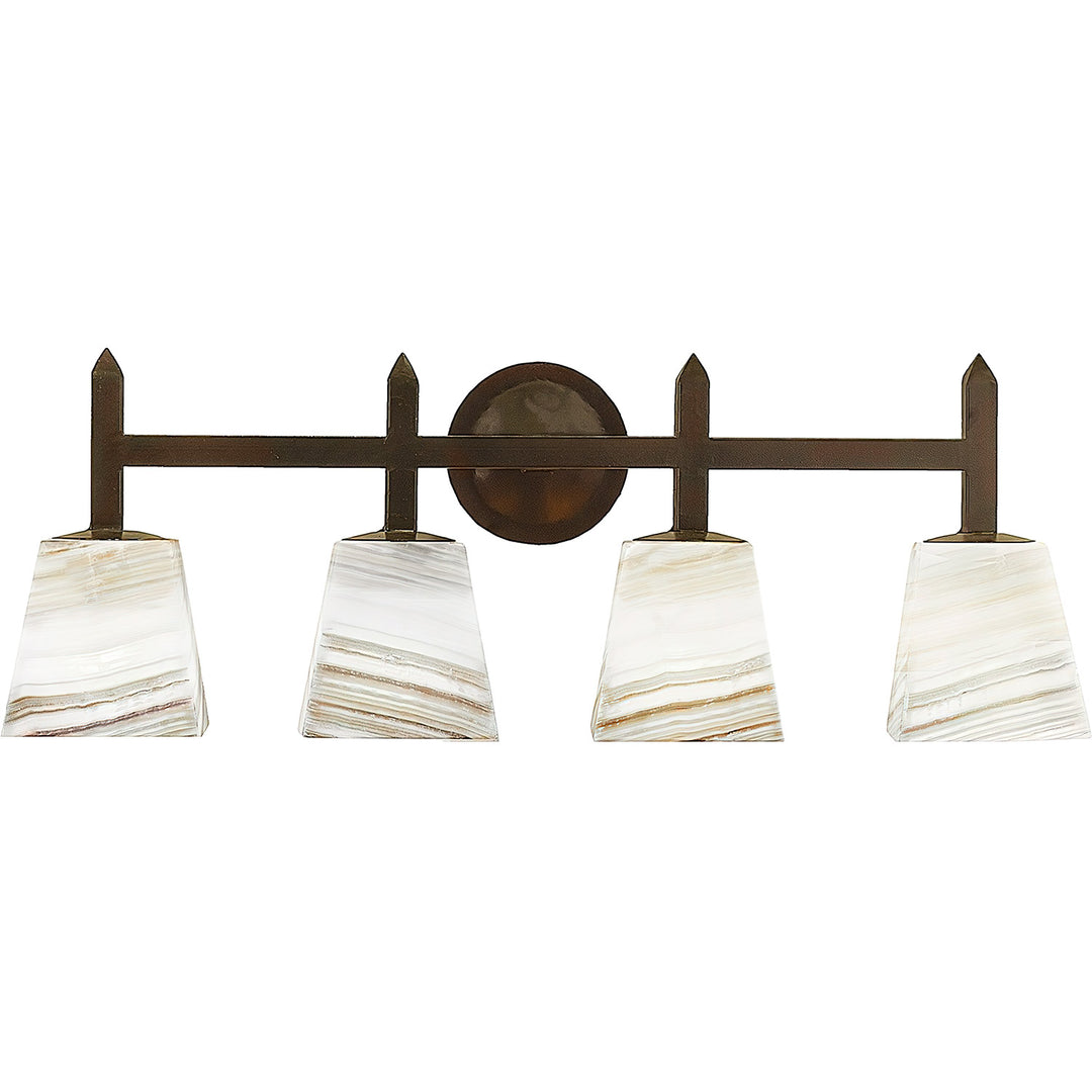 Mission four-light alabaster vanity light shown in White with Amber Veining stone with geometric ironwork, pointed details, and circular backplate.