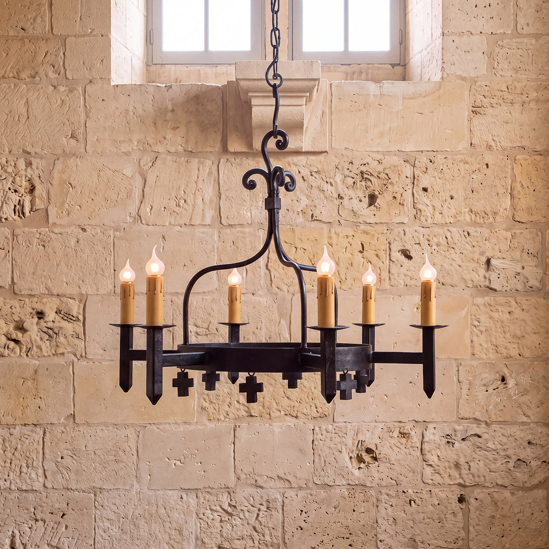 Mission architectural lighting collection featuring wrought iron sconces, natural alabaster vanity lights, and coordinating chandelier designs.