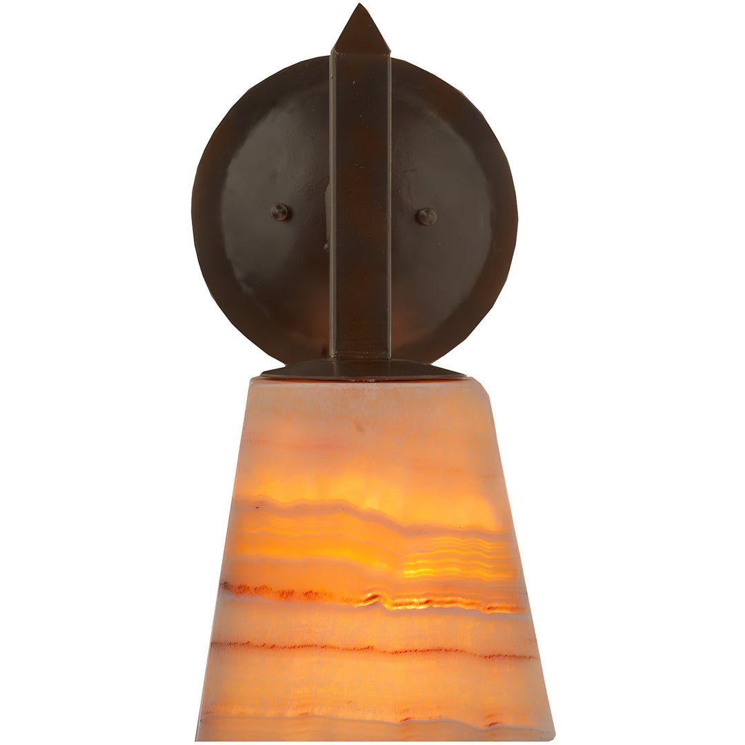 Mission one-light alabaster vanity light shown in Amber with Red Veining stone with pointed iron detail and substantial circular backplate.