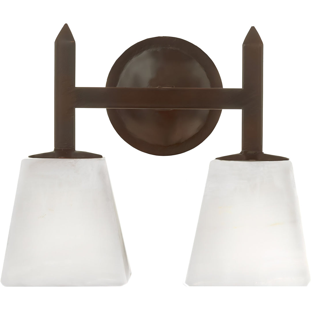 Mission two-light alabaster vanity light shown in White Alabaster with tapered natural stone shades, geometric ironwork, and circular backplate.