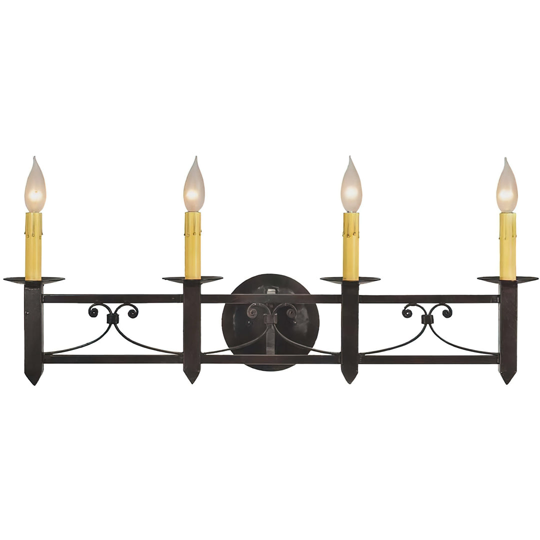 Mission Forge four-light wrought iron wall sconce with linear geometric frame, circular backplate, pointed terminals, and restrained scroll details.