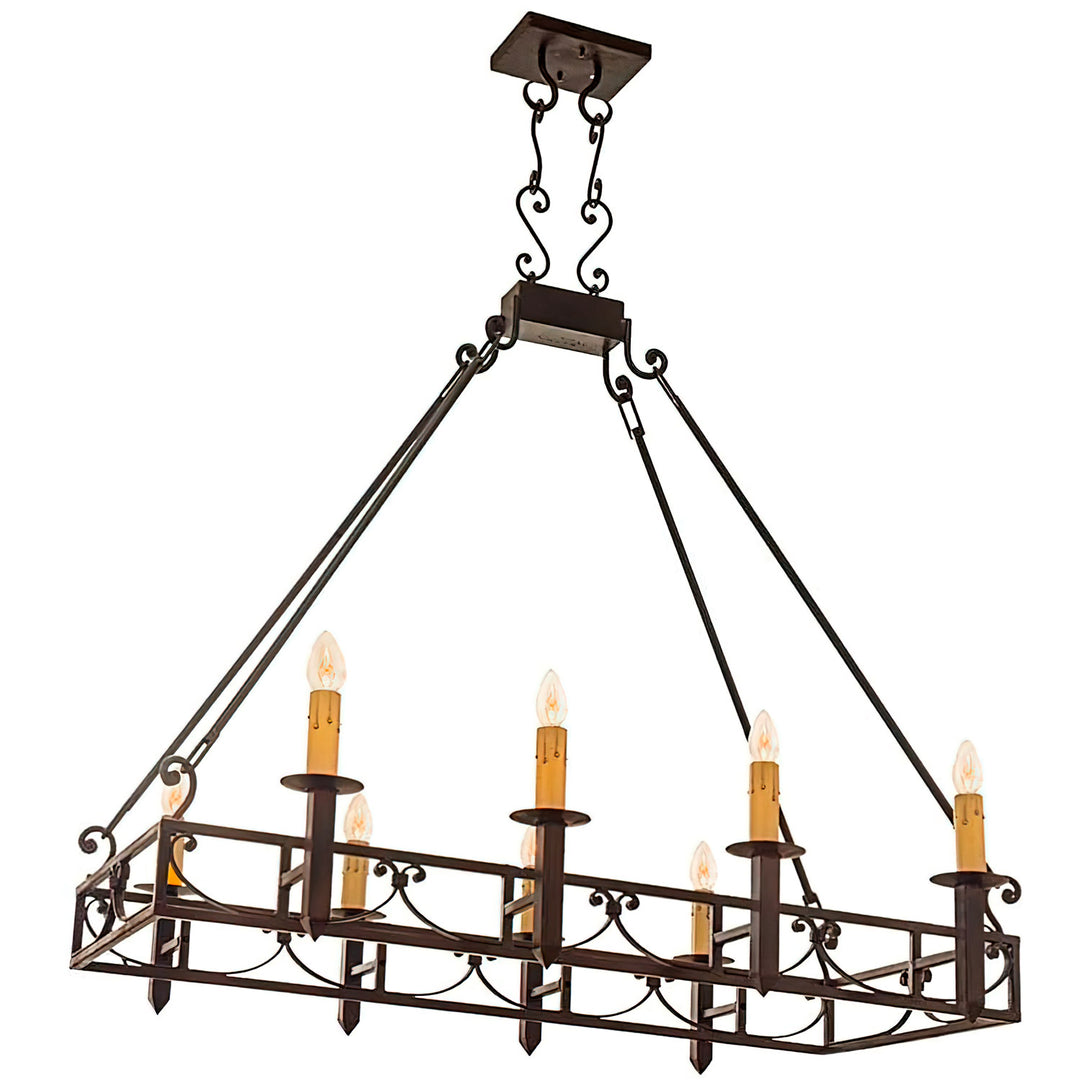 Mission Forge rectangular wrought iron chandelier with eight candle-style lights, geometric frame, scroll detailing, and decorative suspension.