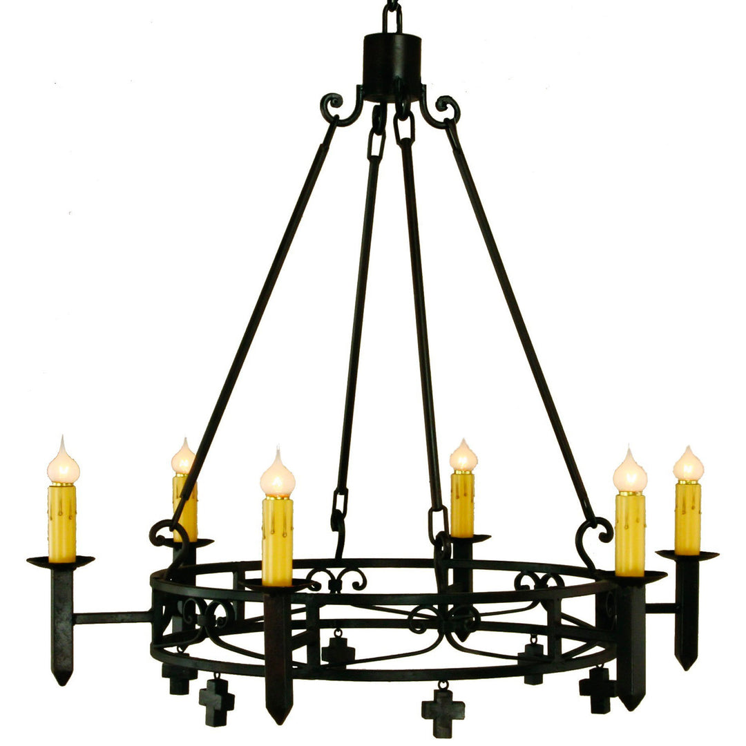 Mission Forge six-light wrought iron chandelier with circular frame, forged scrollwork, pointed terminals, and suspended iron cross details.