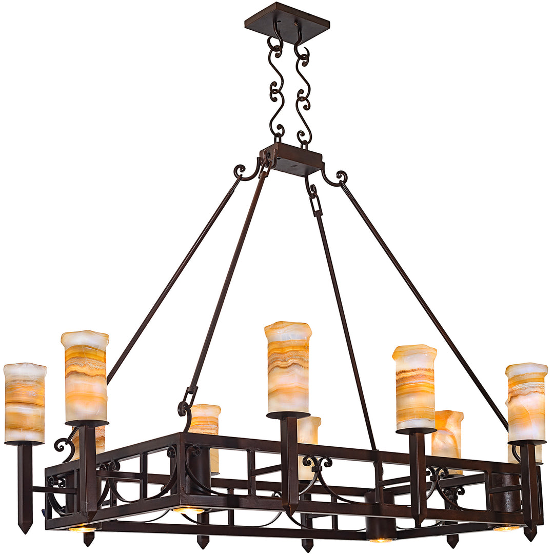Mission Forge rectangular alabaster chandelier with ten natural stone shades, architectural iron framework, decorative suspension, and integrated LED downlights.
