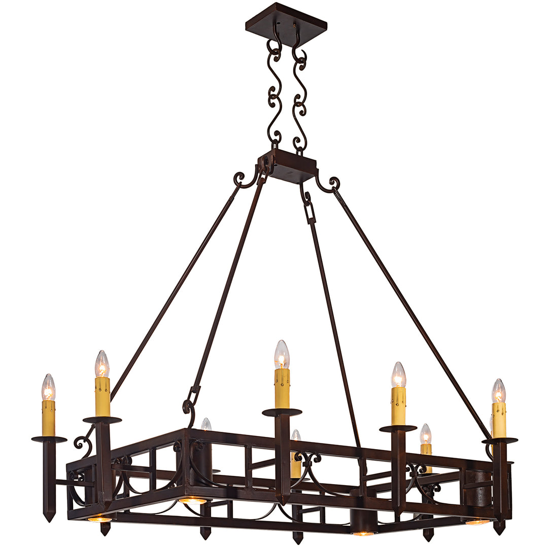 Mission Forge rectangular wrought iron chandelier with ten candle-style lights, layered geometric ironwork, decorative suspension, and LED downlights.