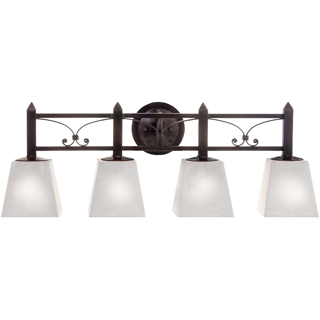 Mission Forge four-light alabaster vanity with tapered natural stone shades, Spanish Colonial ironwork, pointed terminals, and circular backplate.