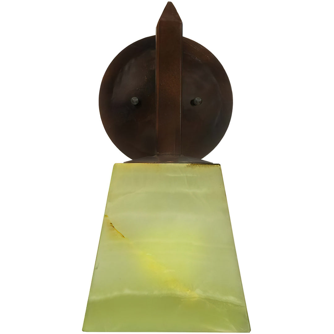 Mission Forge one-light alabaster vanity with tapered natural stone shade, Spanish Colonial ironwork, pointed terminal, and circular backplate.