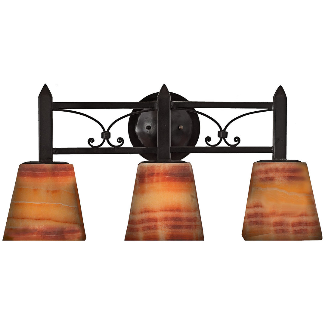 Mission Forge three-light alabaster vanity with tapered natural stone shades, Spanish Colonial ironwork, pointed terminals, and circular backplate.