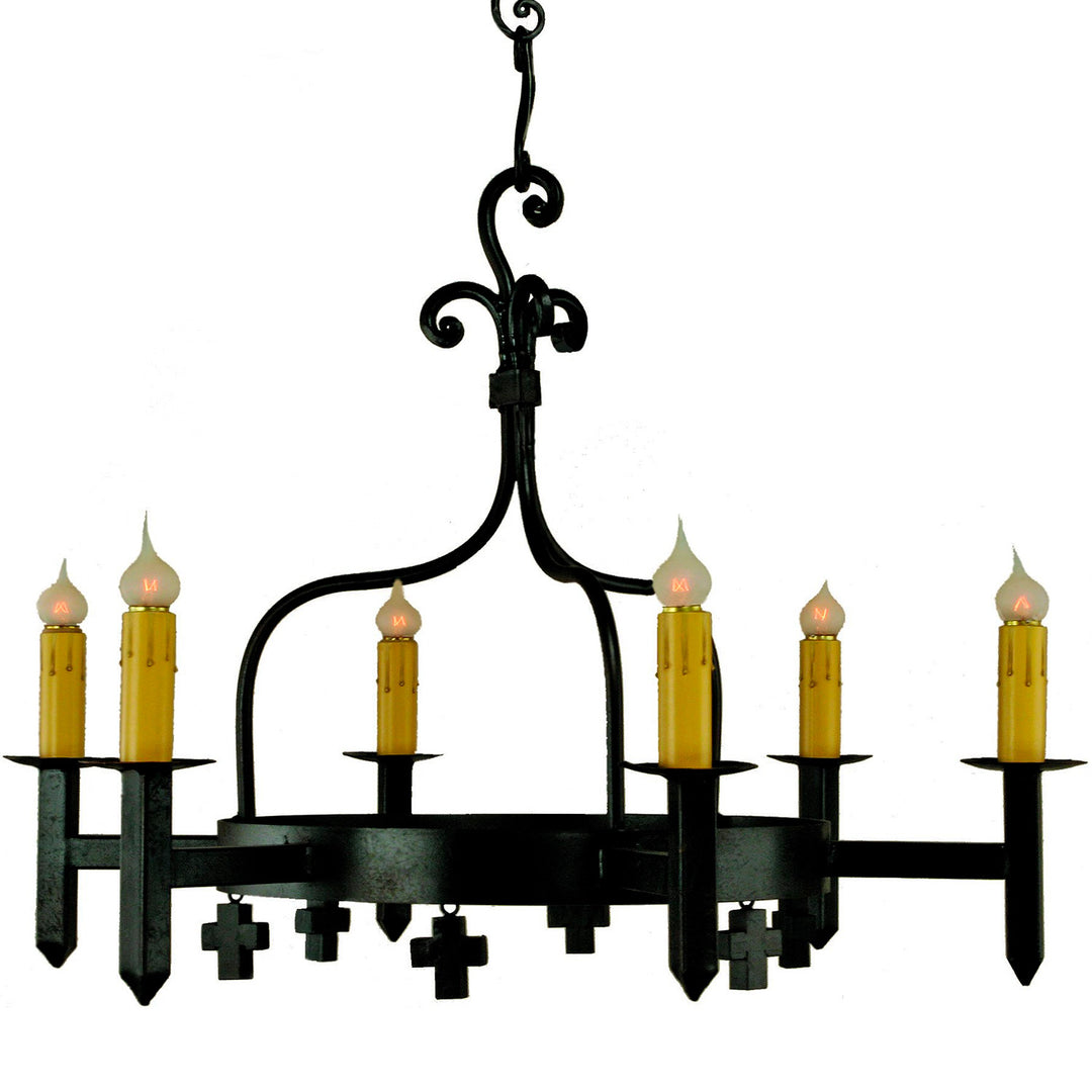 Mission six-light wrought iron chandelier with geometric circular framework, pointed iron details, suspended mini crosses, and candle-style lights.